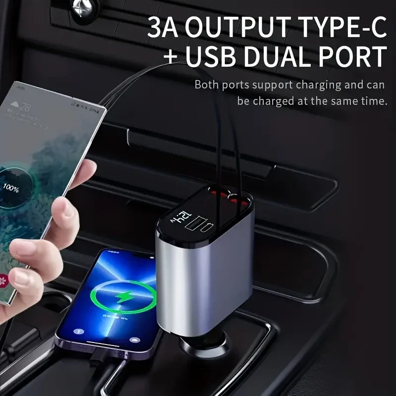 4 in 1 Car Charger 120W Turbo Charge, 4 Ports Fast Charging with Retractable Cables
