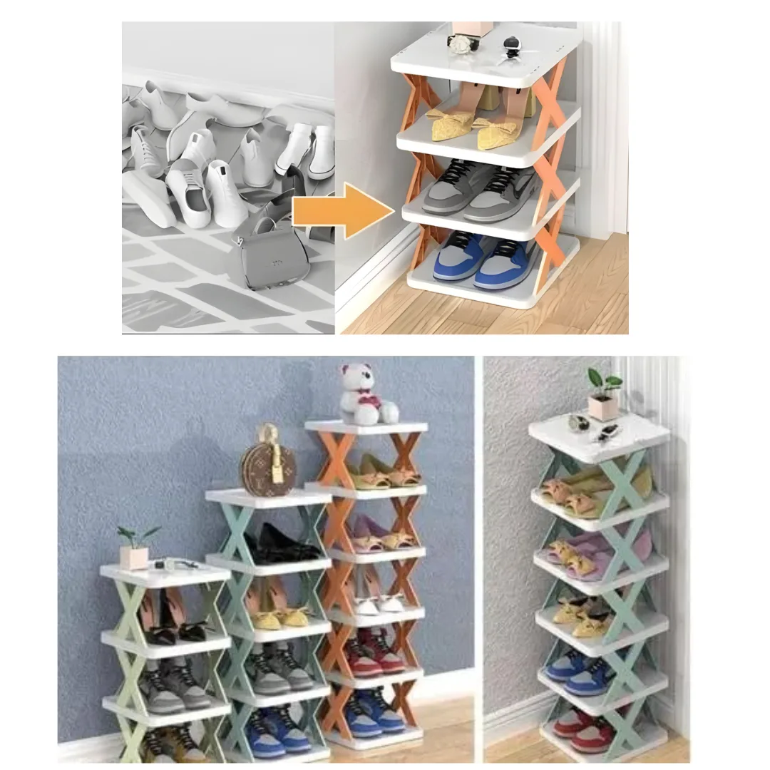 6 Layer Folding Shoe Rack Plastic Adjustable Blue