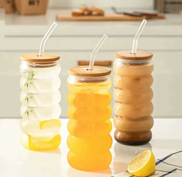 DrinkingWavy Glasses with Bamboo Lids and Glass Straw 14oz