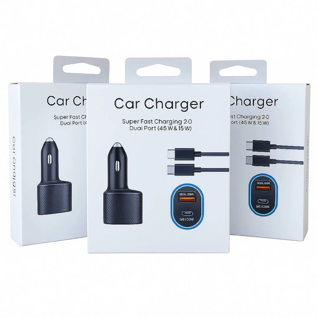 45W Fast Charging Car Charger Dual Port USB-C PD Cable
